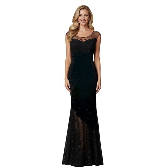 Sheer Illusion Lace Evening Gown Black Beaded Maxi 8 Formal Prom Black Tie - Picture 1 of 12